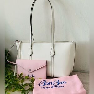NWT TORY BURCH X BONBON PERRY ZIP TOTE W/POUCH VANILLA MARSHMALLOW